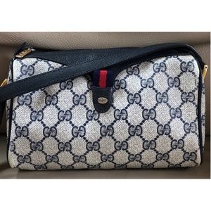 Authentic Vintage Gucci Web Monogram Canvas Navy Leather Crossbody Bag